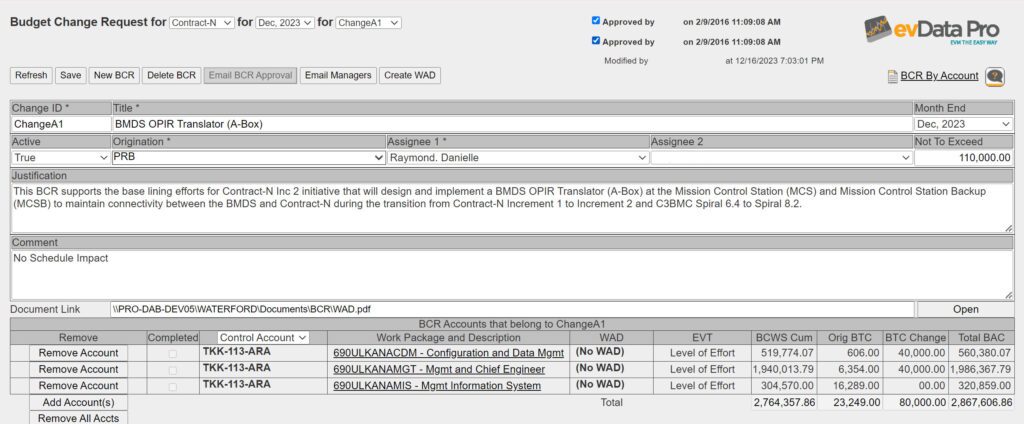 evData Pro - Baseline Change Request